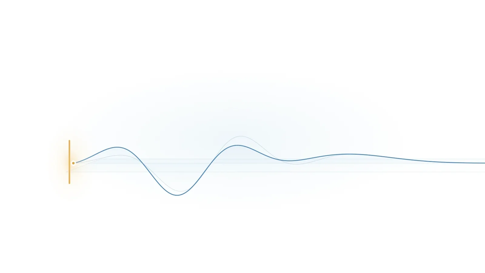 A translucent blue wave ribbon starts at a small amber sensor on the left and extends toward an open white horizon, without a far wall.