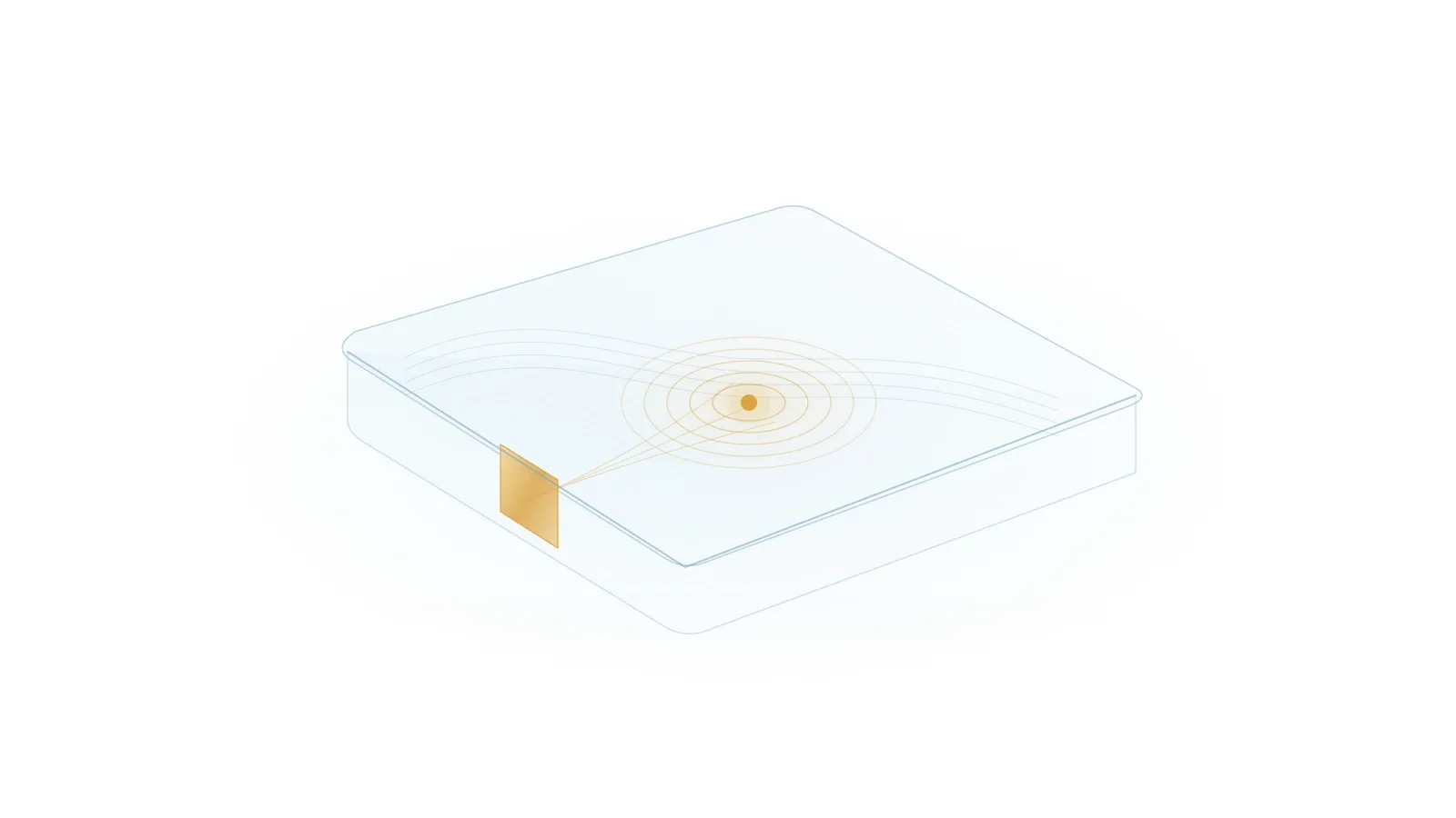 A translucent blue region contains a warm hidden source; a small opening in its boundary reveals delicate traces of the interior.