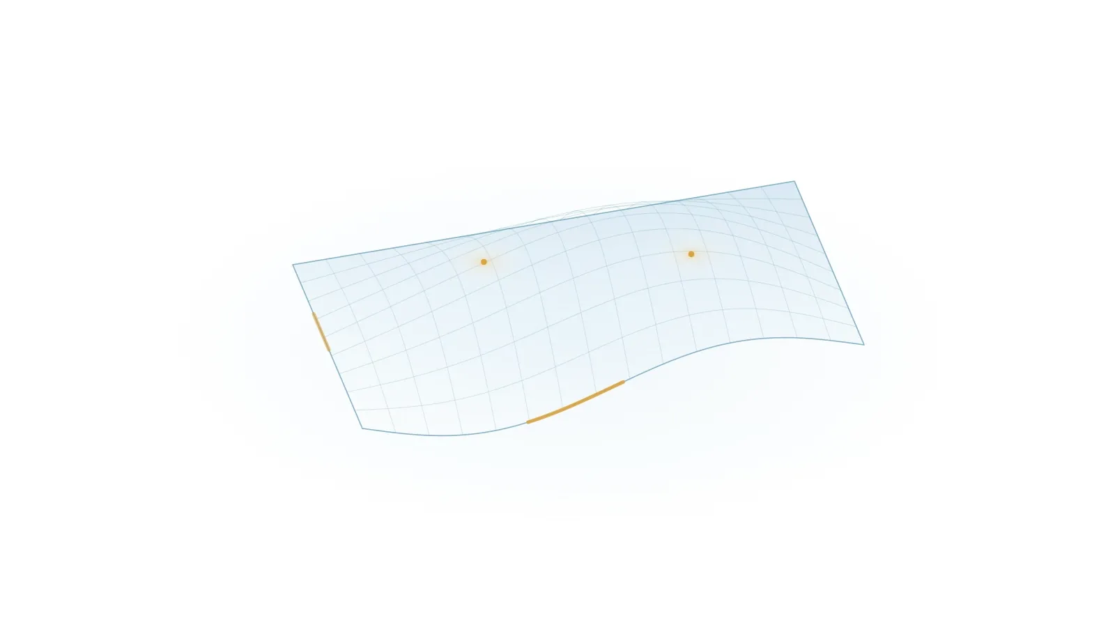A delicate translucent blue plate bends above a faint flat outline, with small warm accents at its boundary and interior.