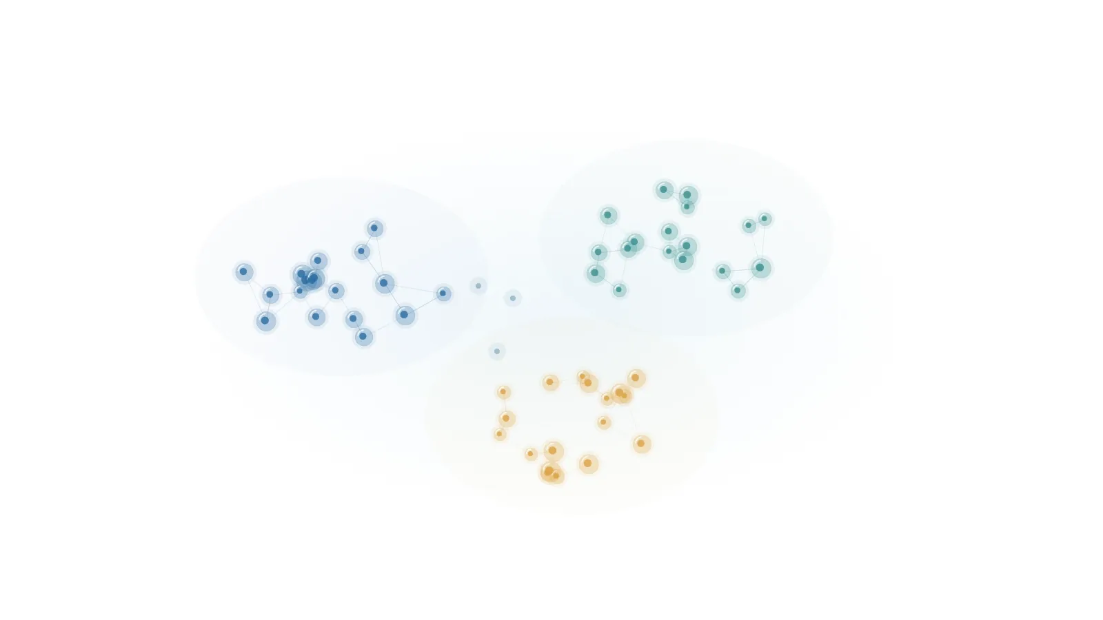 Small translucent cells form three loose blue, teal and amber families, with a few fine connections suggesting shared structure.