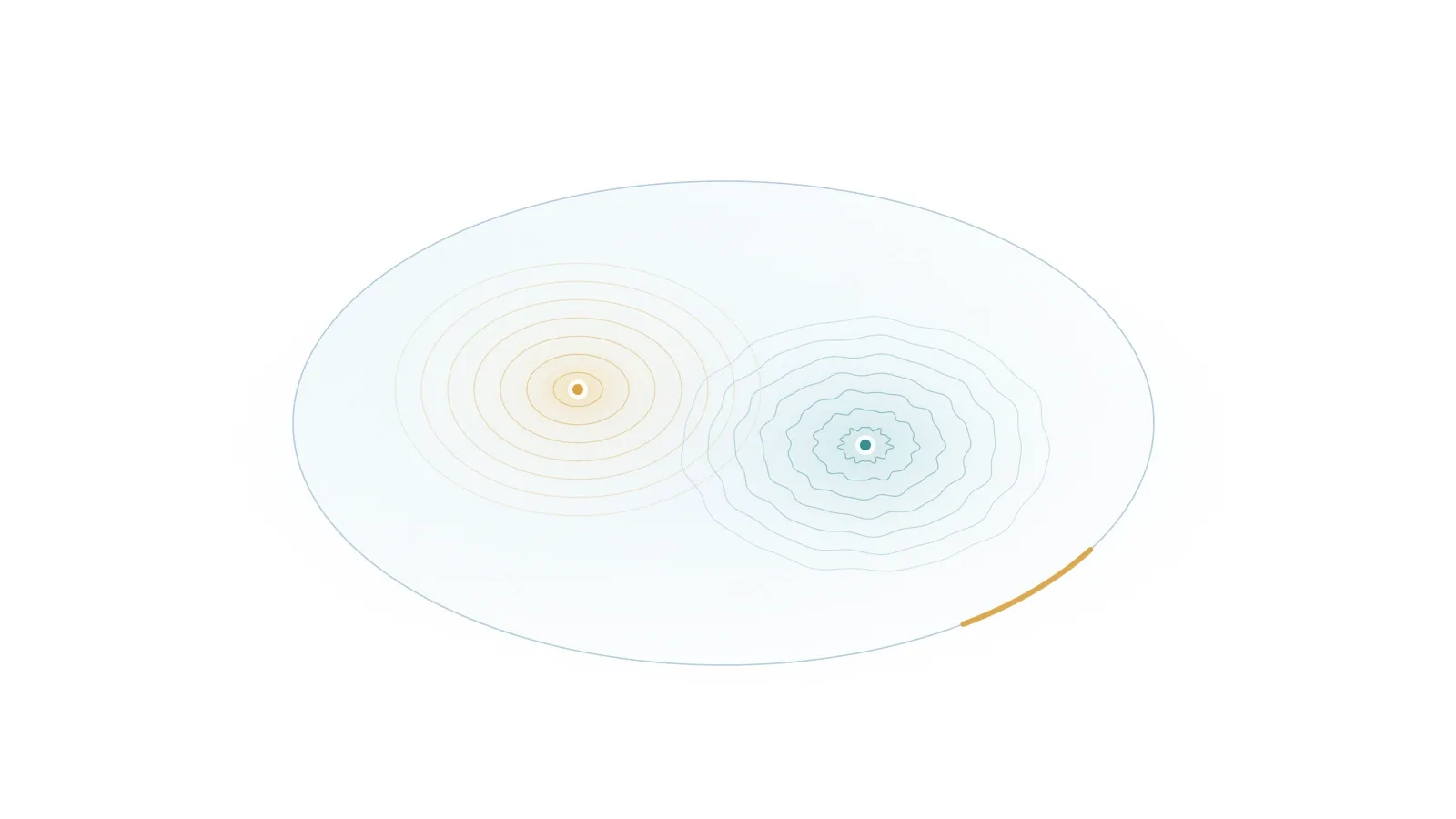 Two tiny warm and teal source points inside a pale blue domain send different delicate ripples toward a highlighted boundary arc.